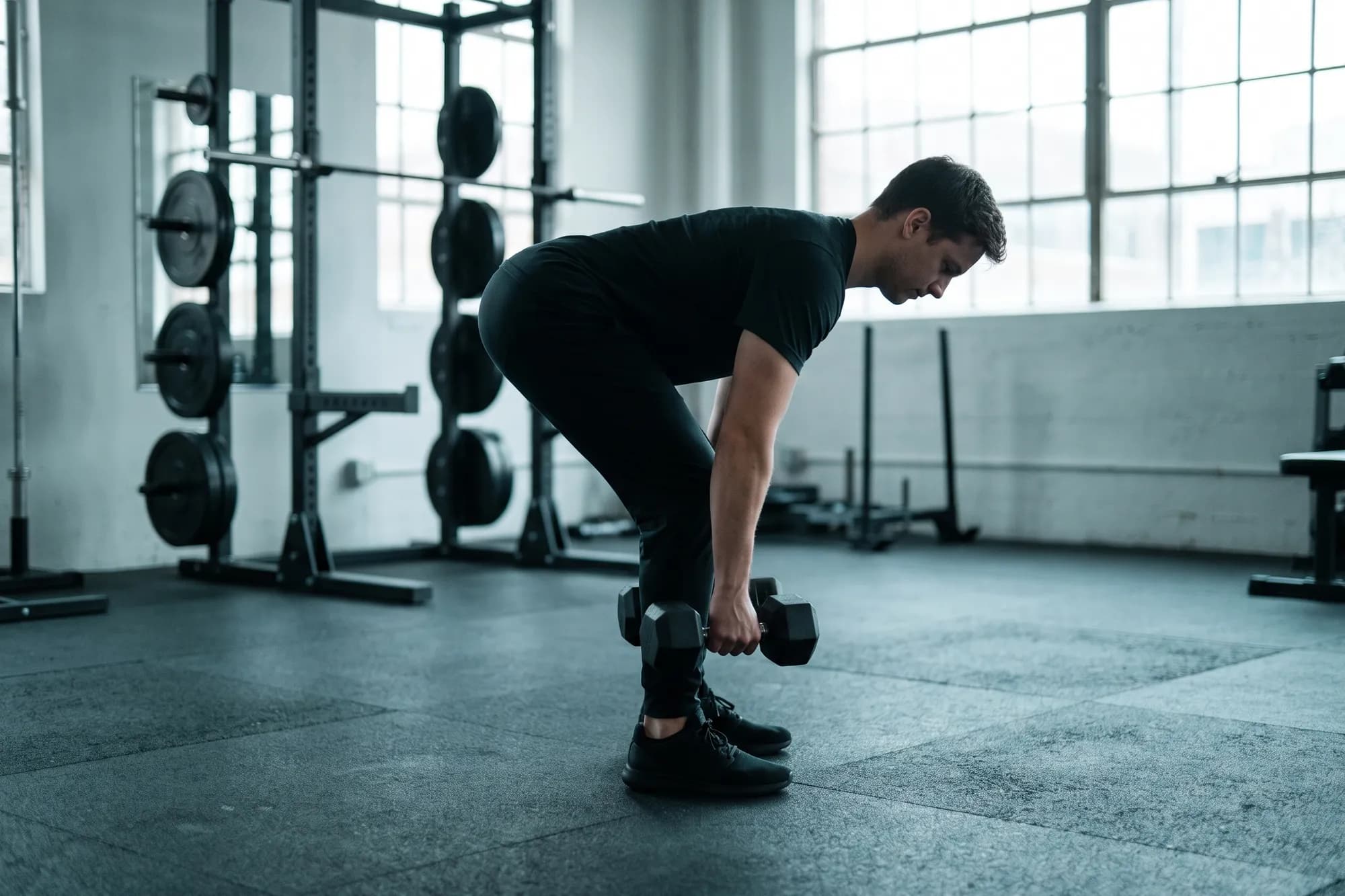 A man doing a dumbbell Romanian deadlift in a gym, hips back and the dumbbells by his knees