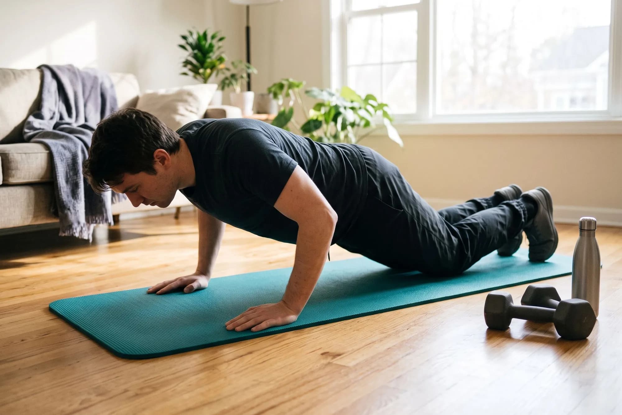 A man doing a push-up from his knees on a mat in a bright living room, with dumbbells and a water bottle nearby