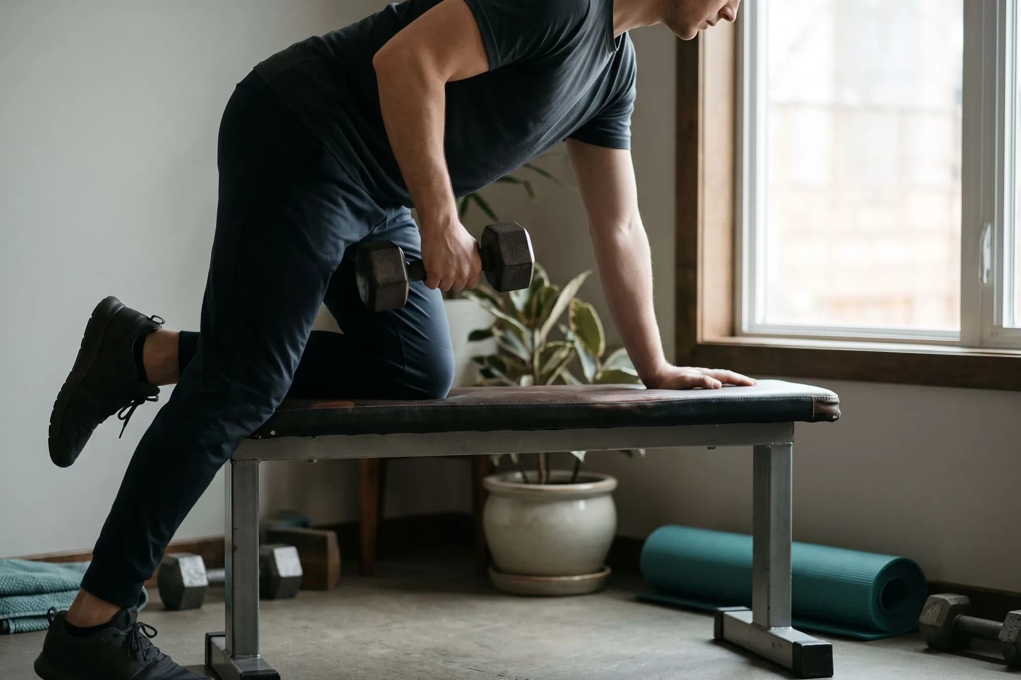 A man doing a one-arm dumbbell row with one knee and one hand on a bench at home