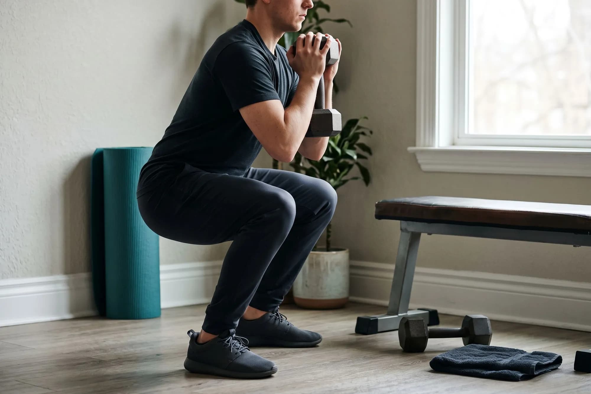 A man doing a dumbbell goblet squat in a home gym corner, with a bench and a mat beside him