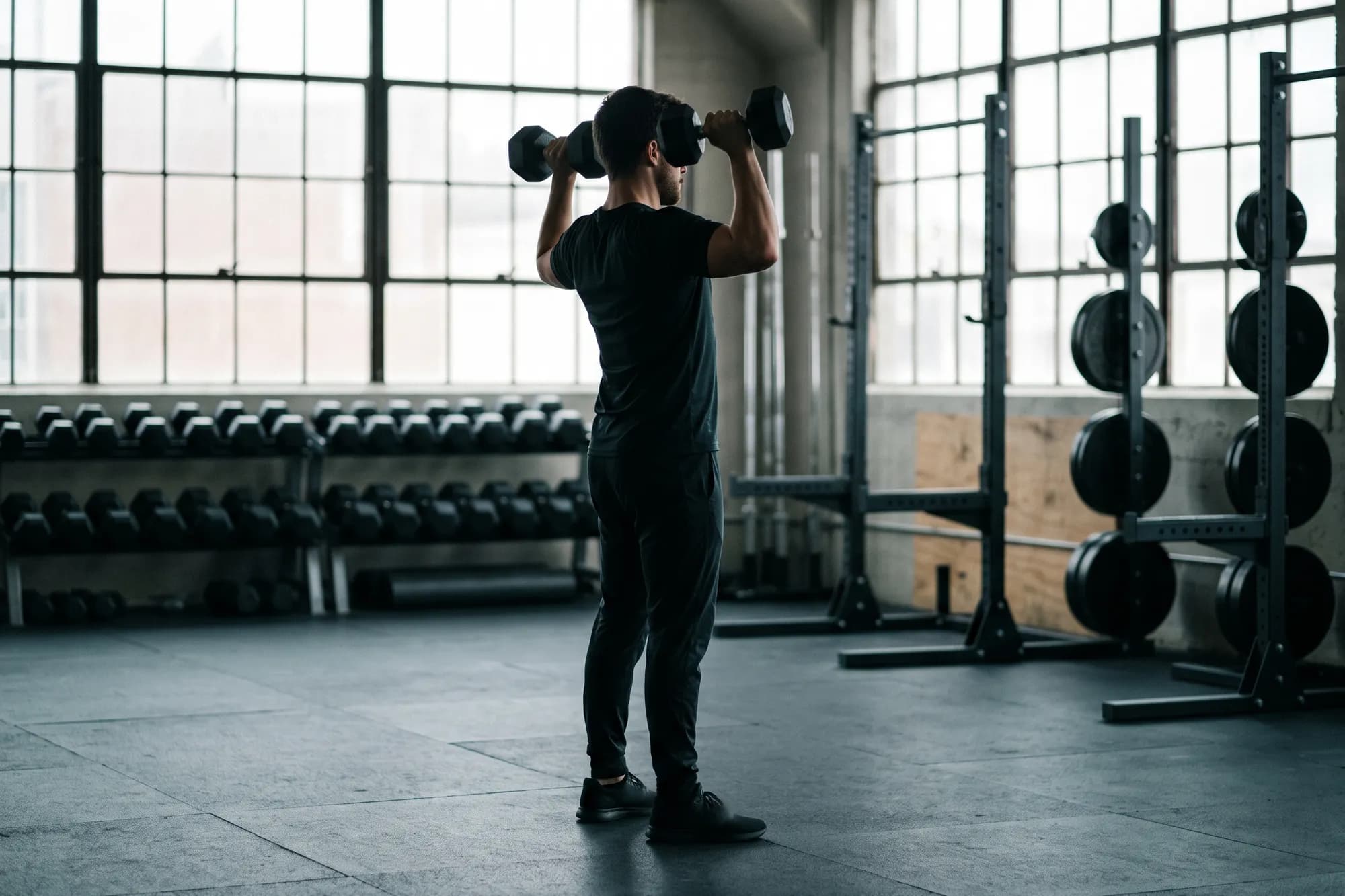A man pressing a pair of dumbbells overhead in a quiet gym