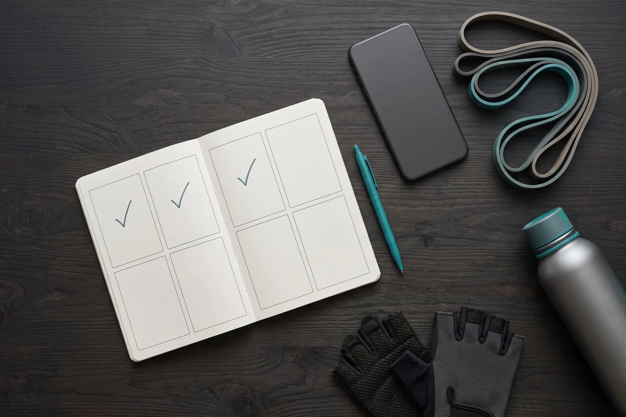 A notebook with three days ticked off, a phone, a pen, resistance bands, gloves and a water bottle on a dark table