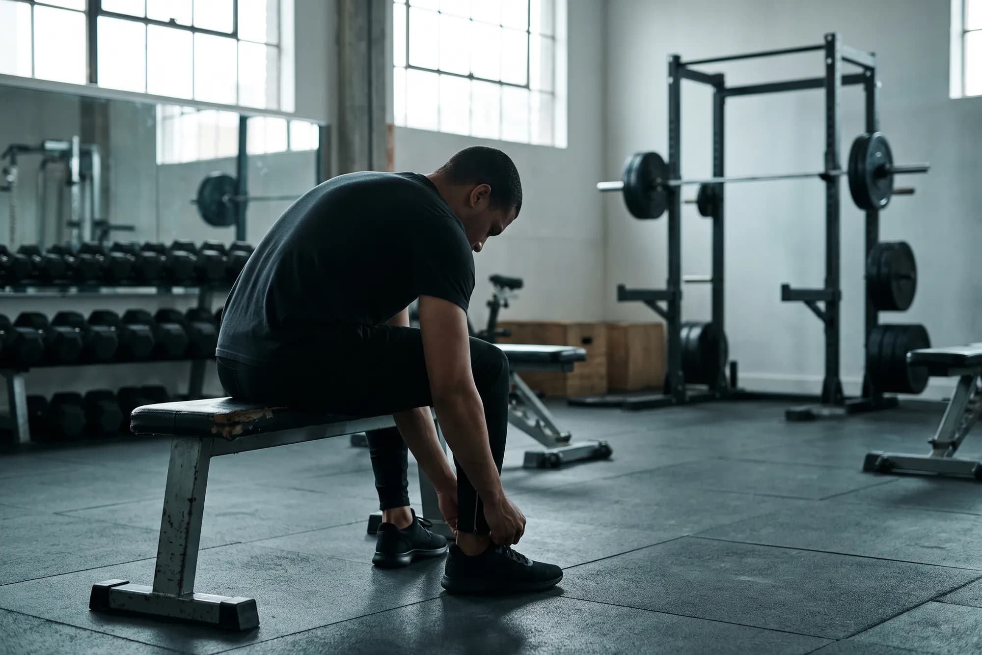 A man tying his shoes on a bench in a quiet gym before a session