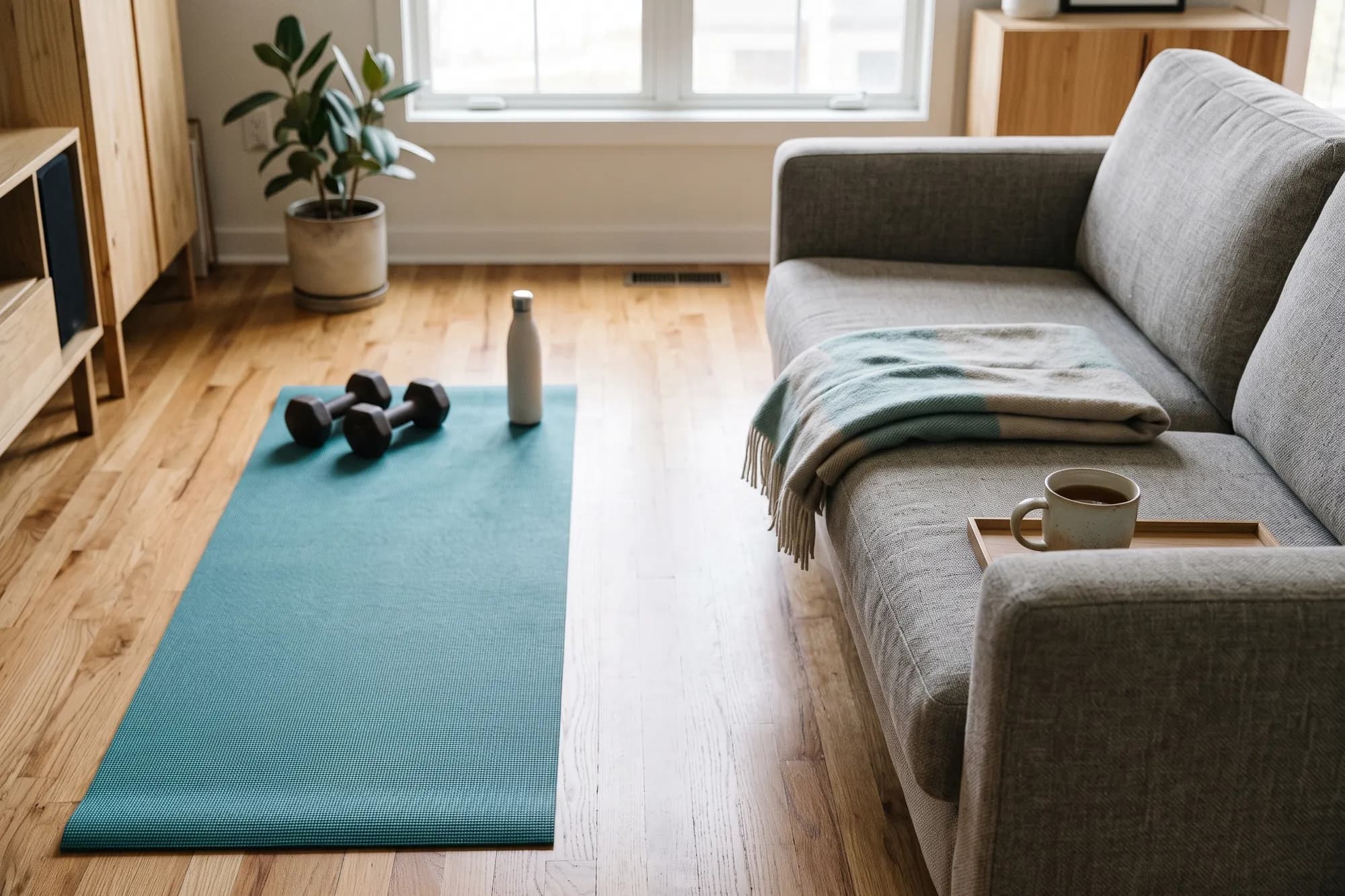 A living room with a yoga mat and dumbbells on one side and a sofa with a blanket and a cup of tea on the other