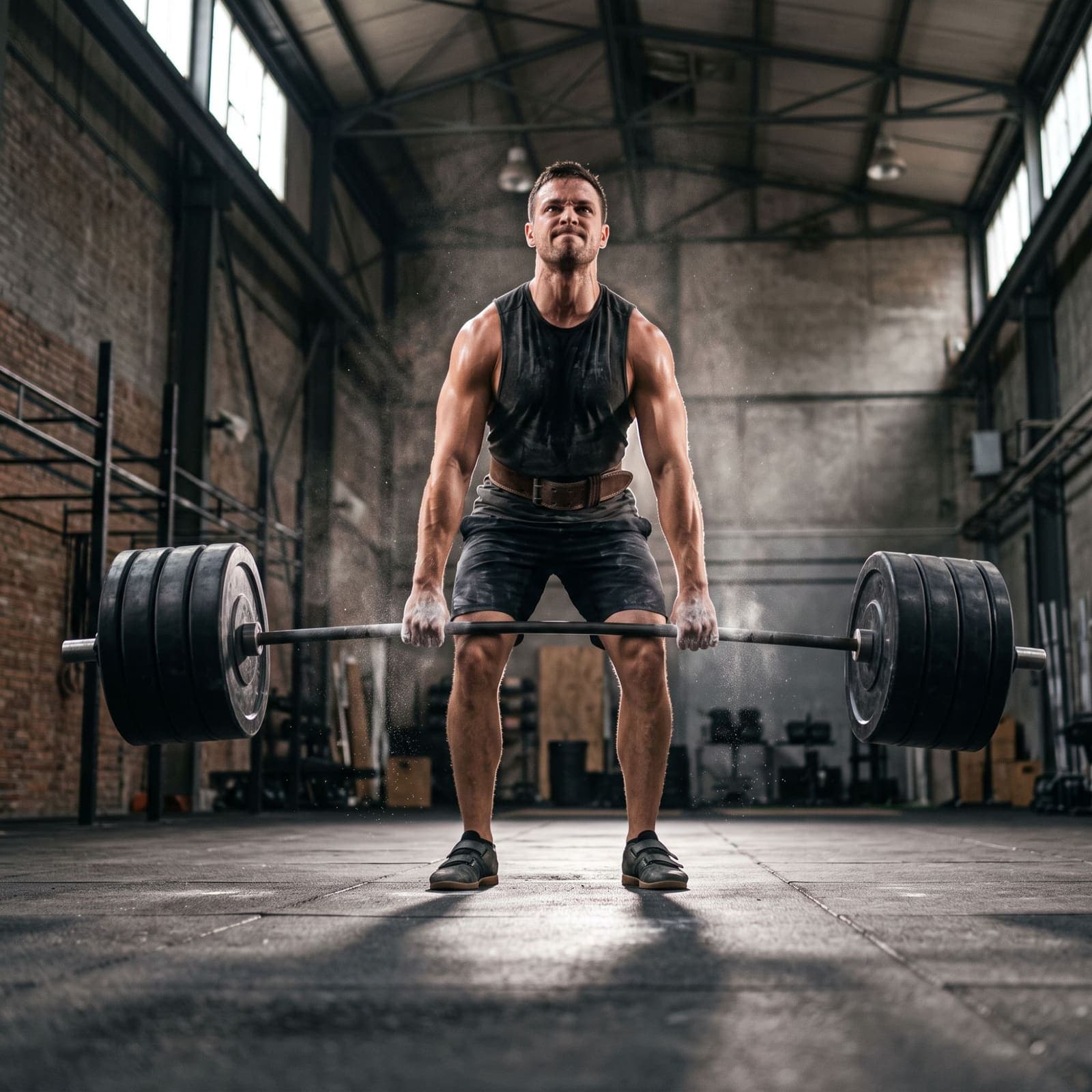 A man deadlifting a loaded barbell in a warehouse gym