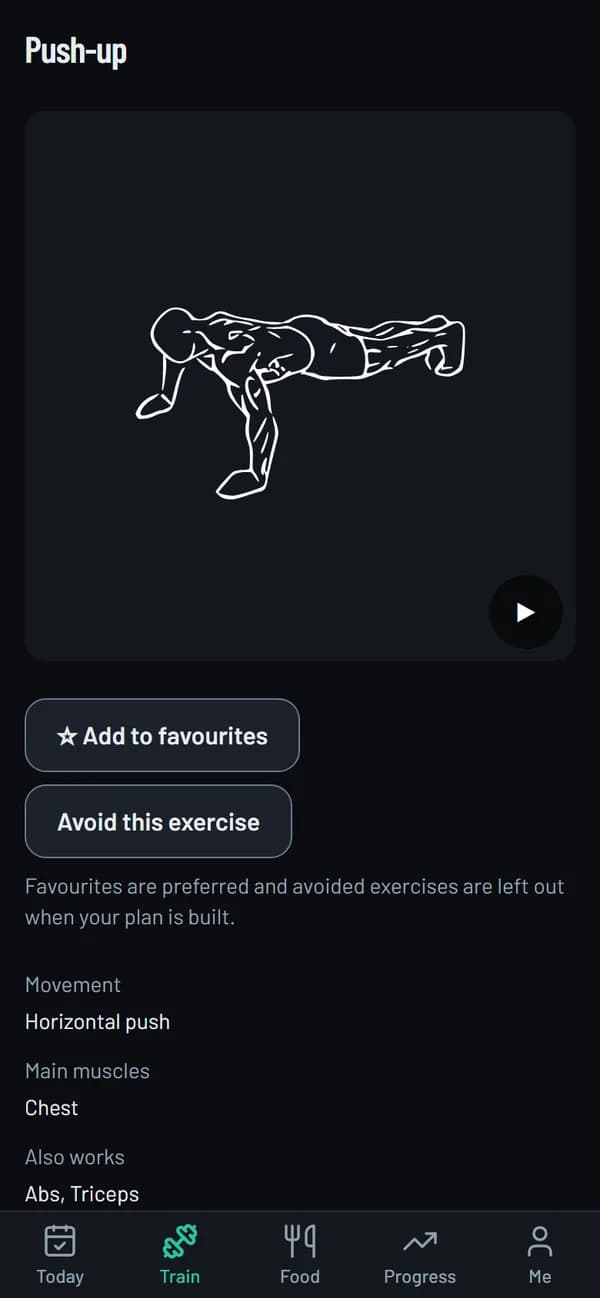 Exercise page for the Push-up with its line drawing