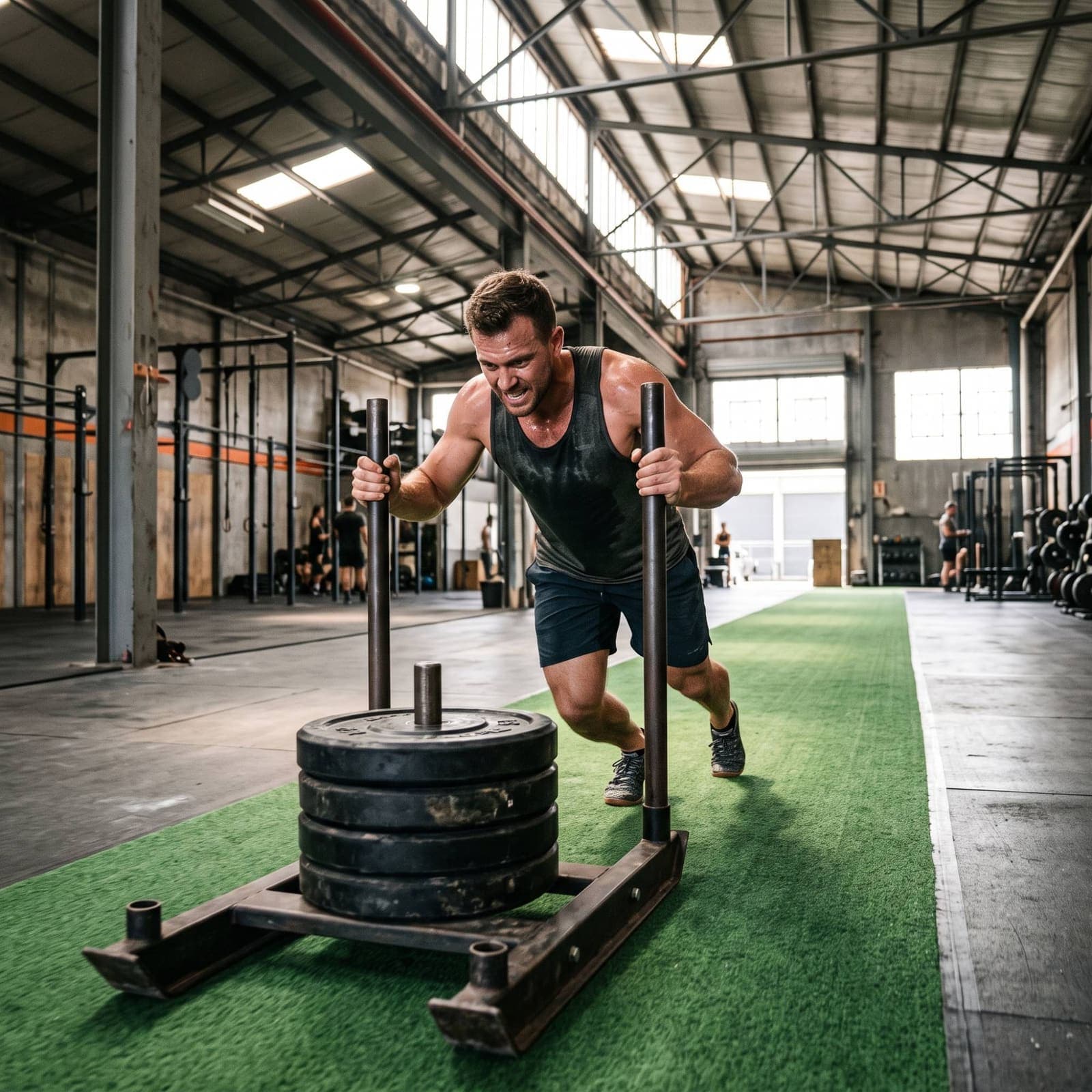 A man pushing a loaded sled along a turf track