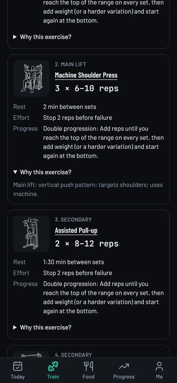 A workout screen with “Why this exercise?” open, showing the rule behind the exercise