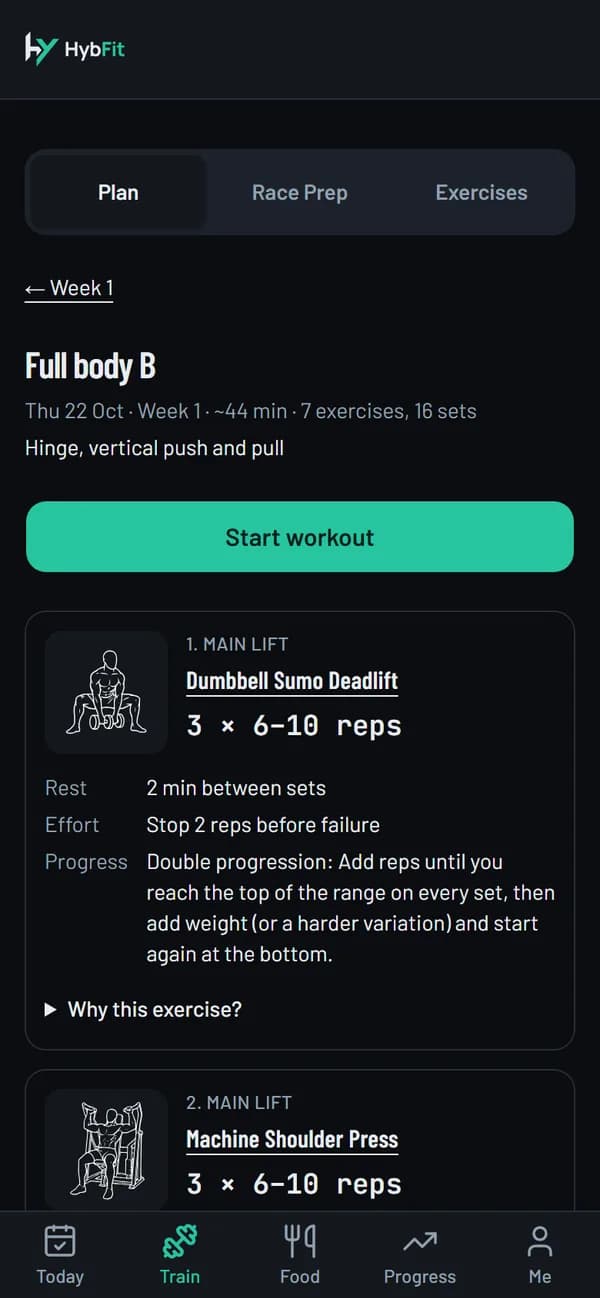 HybFit workout screen for Full body B in this plan