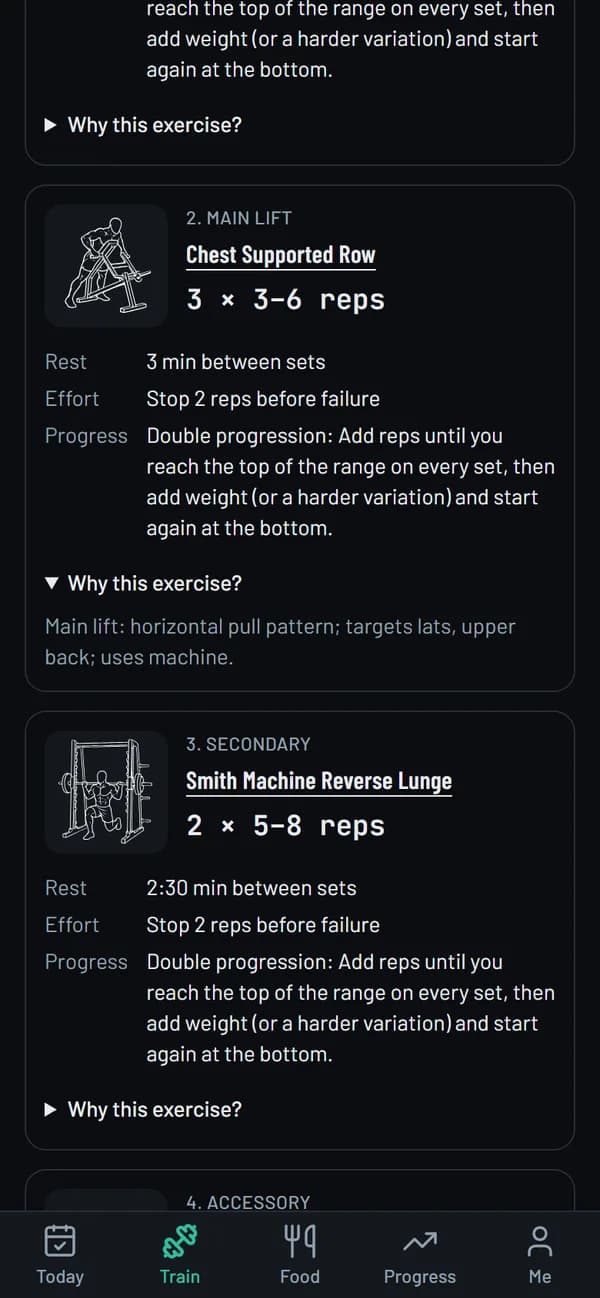 A workout screen with “Why this exercise?” open, showing the rule behind the exercise