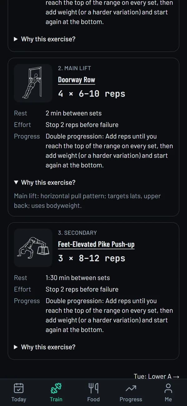 A workout screen with “Why this exercise?” open, showing the rule behind the exercise