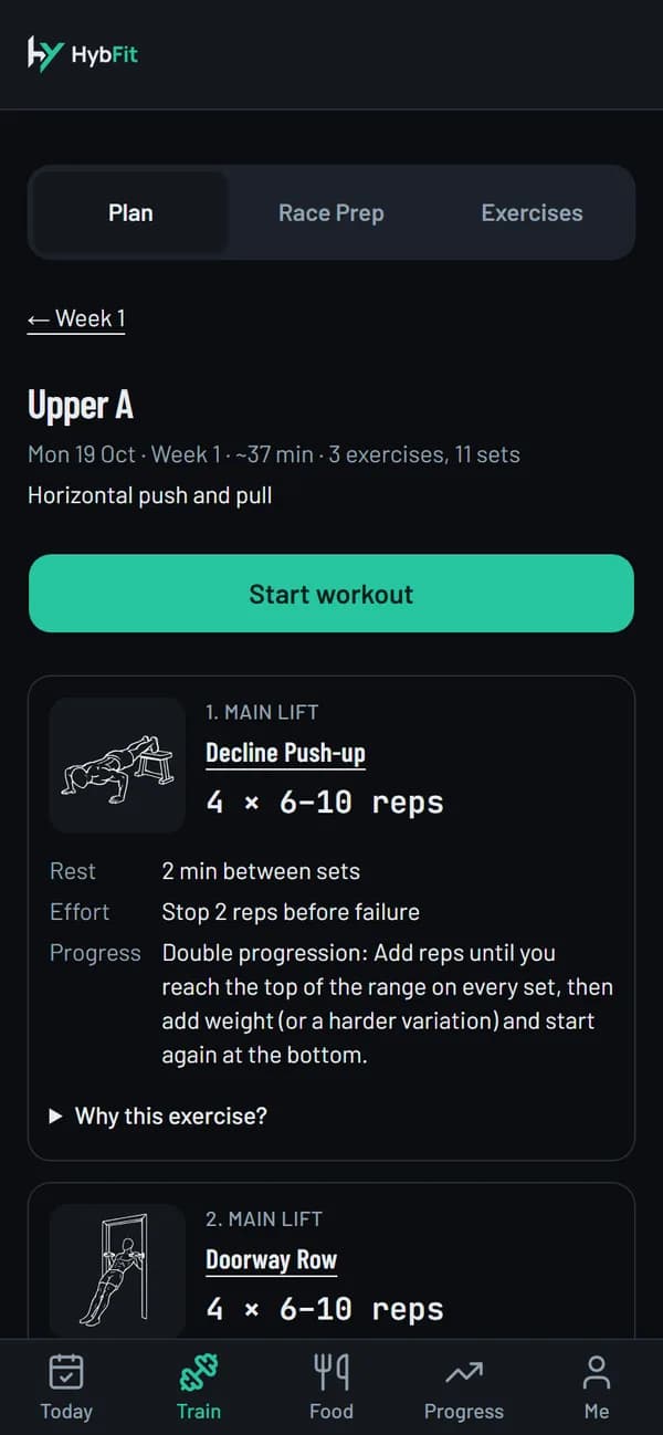 HybFit workout screen for Upper A in this plan
