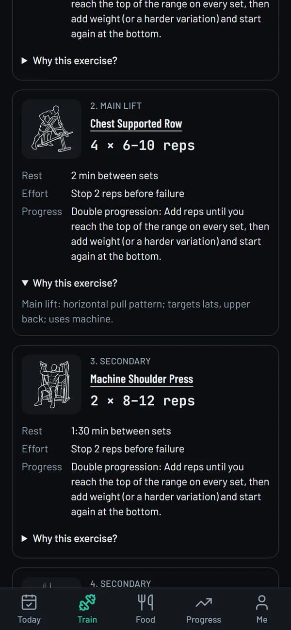 A workout screen with “Why this exercise?” open, showing the rule behind the exercise
