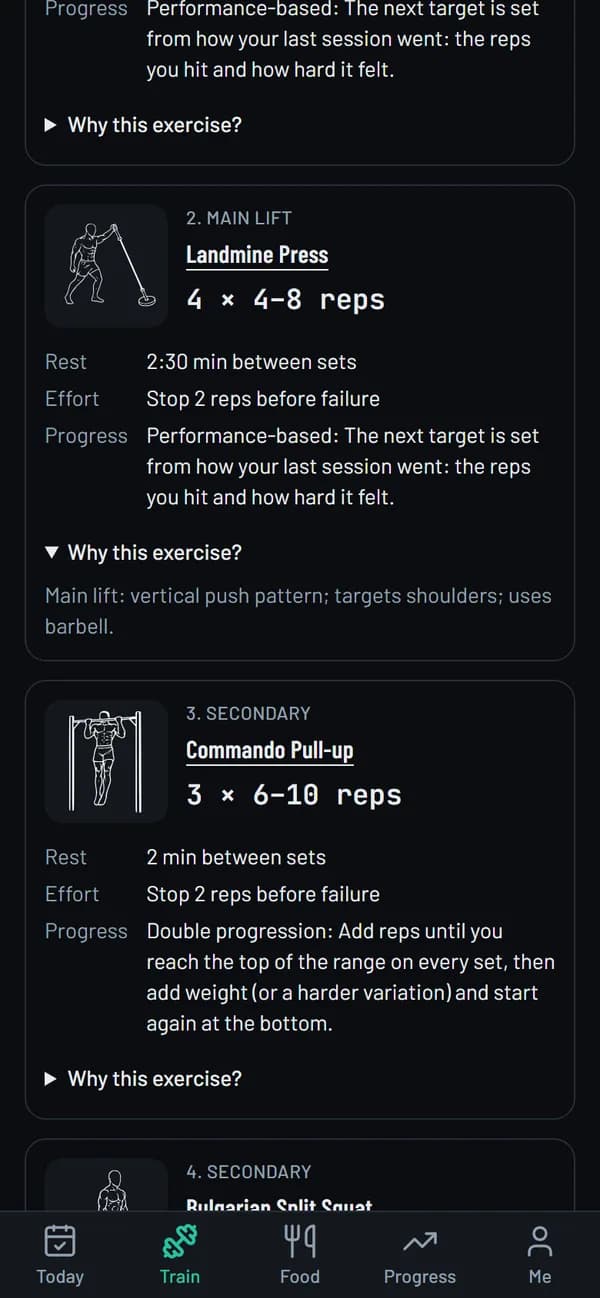 A workout screen with “Why this exercise?” open, showing the rule behind the exercise